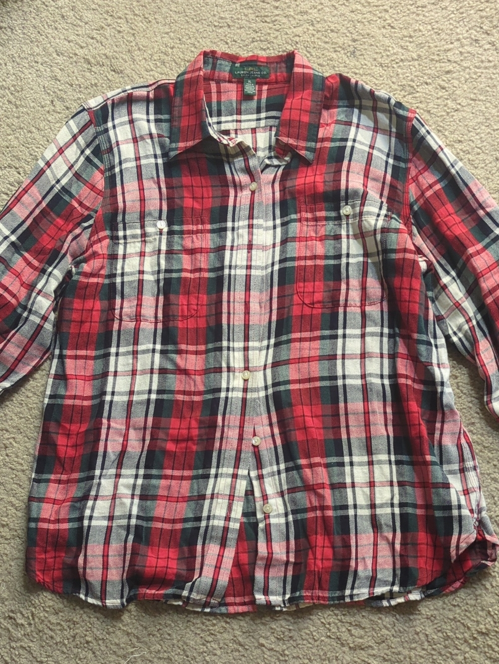 Ralph Lauren Red, Navy & White Plaid Casual Button-Down Shirt